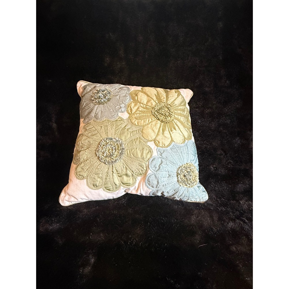 Pier 1 Imports Embroidered Accent Pillow Ivory Floral 18x18 Teal Green